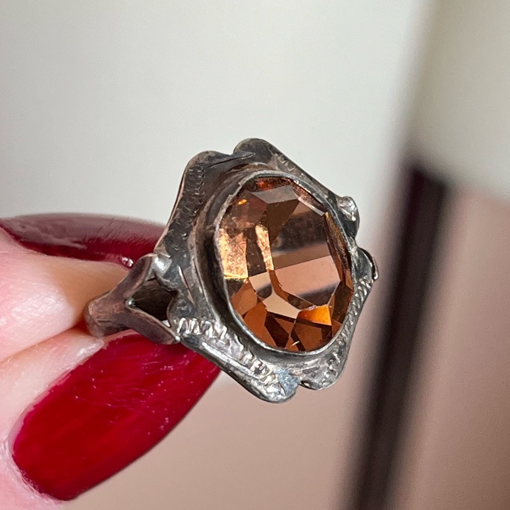 Antique Art Deco 1920’s Sterling Silver pink brown Glass Victorian Signet Ring